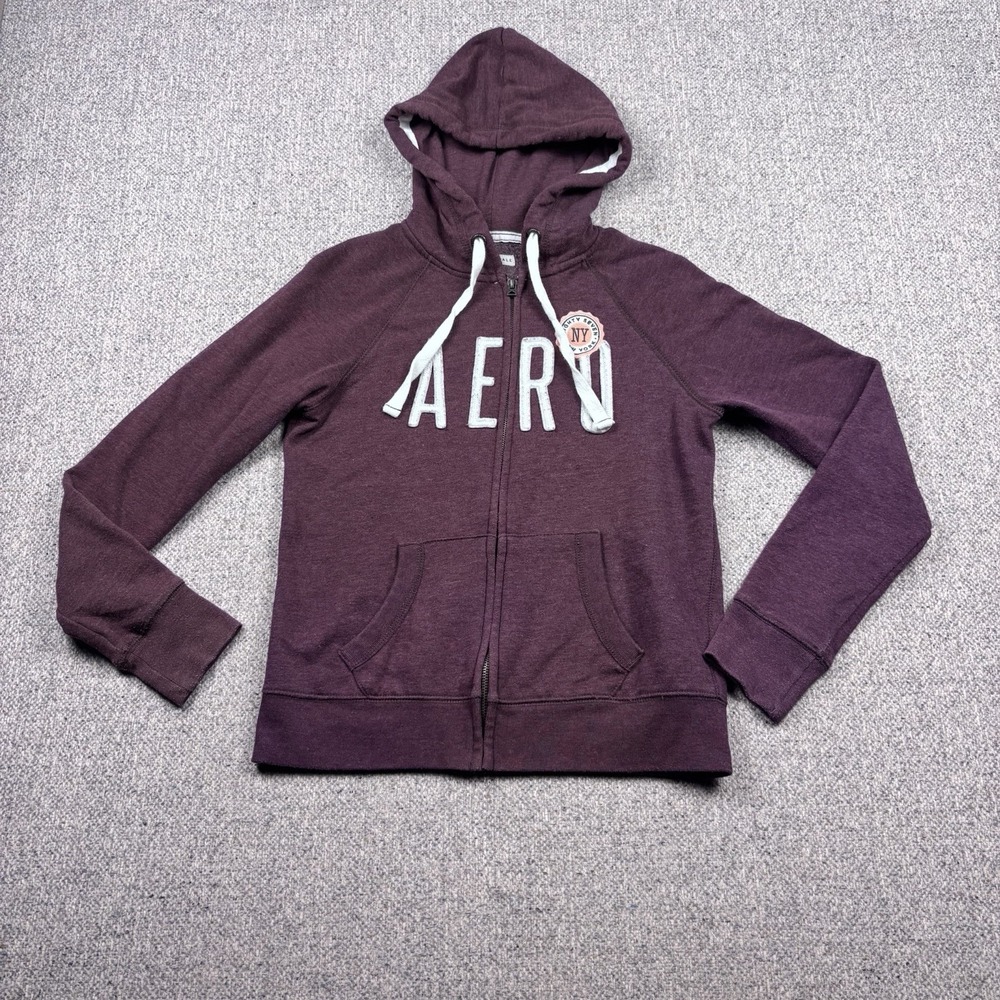 Aeropostale Womens Full Zip Hoodie Maroon Burgundy Aero 87 Logo Sweatshirt Sz S